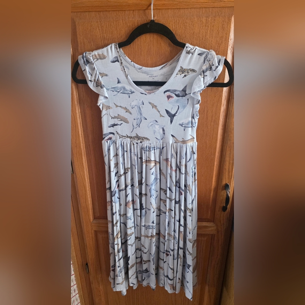 POSH PEANUT Girls' Light Blue Shark Print Flutter Sleeve Dress 10Y Worn Onc